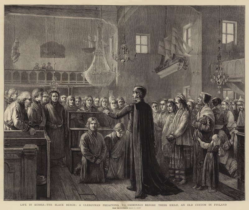 Życie w Rosji, Czarna Ławka, Duchowny wygłaszający kazania przestępcom przed wygnaniem, Stary zwyczaj w Finlandii autorstwa Mikhail Konstantinovitch Clodt von Jurgensburg