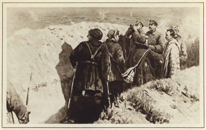 Dowódcy bolszewiccy Józef Stalin i Kliment Woroszyłow w okopach carycyna, rosyjska wojna domowa, 1918 autorstwa Mitrofan Borisovic Grekov