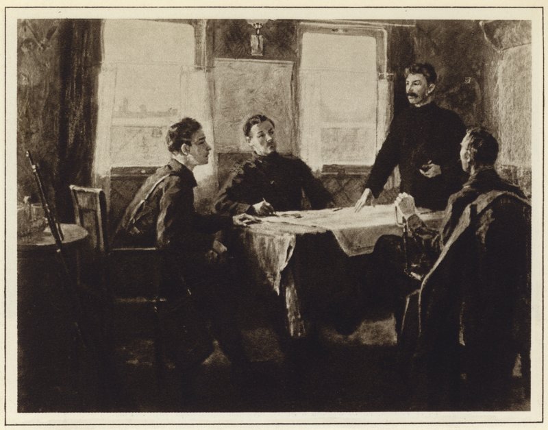 Józef Stalin w wagonie sztabowym w Carycynie, rosyjska wojna domowa autorstwa Mitrofan Borisovic Grekov