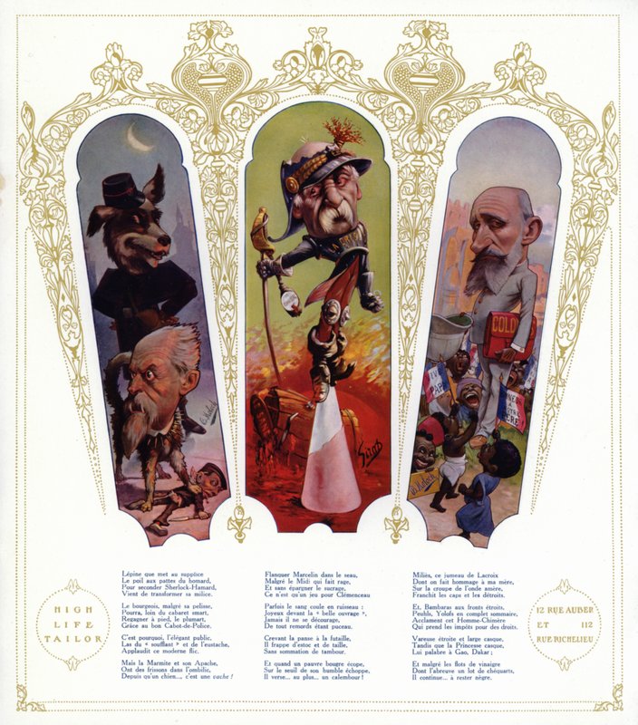 Karykatury; Louis Lepine, prefekt Paryża; Georges Clemenceau, francuski polityk i premier; Raphael Millies-Lacroix, francuski polityk i minister ds. kolonii (litografia kolorowa) autorstwa Moloch