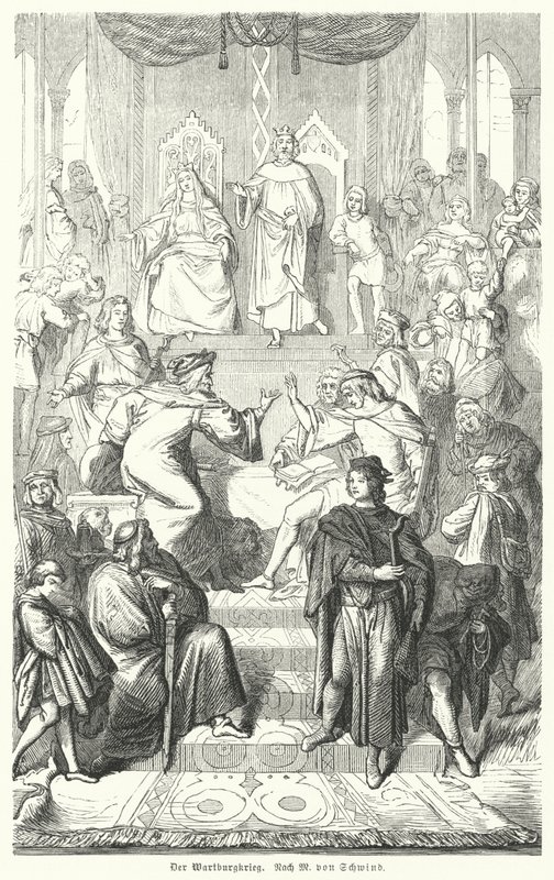 Sangerkrieg, konkurs minstreli na zamku Wartburg w Turyngii w 1207 roku (rycina) autorstwa Moritz Ludwig von (after) Schwind