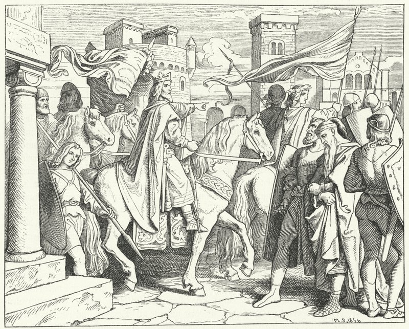 Karol Wielki wkraczający do Pawii, 774 (rycina) autorstwa Moritz Ludwig von Schwind