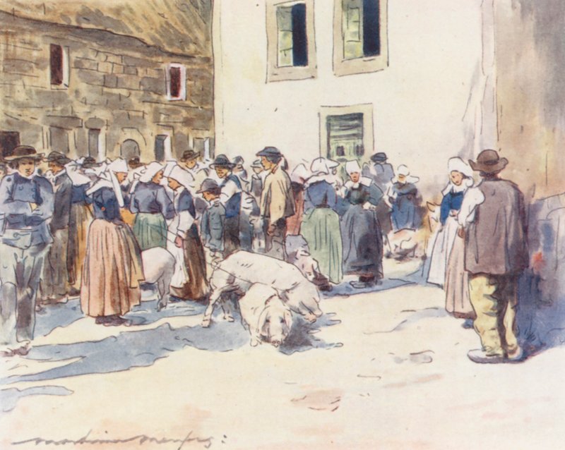 Targ świń (kolorowa litografia) autorstwa Mortimer Ludington Menpes