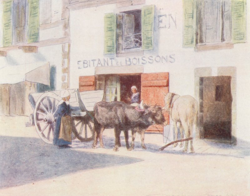 Wózek z piaskiem na nabrzeżu w Pont-Aven (kolorowa litografia) autorstwa Mortimer Ludington Menpes