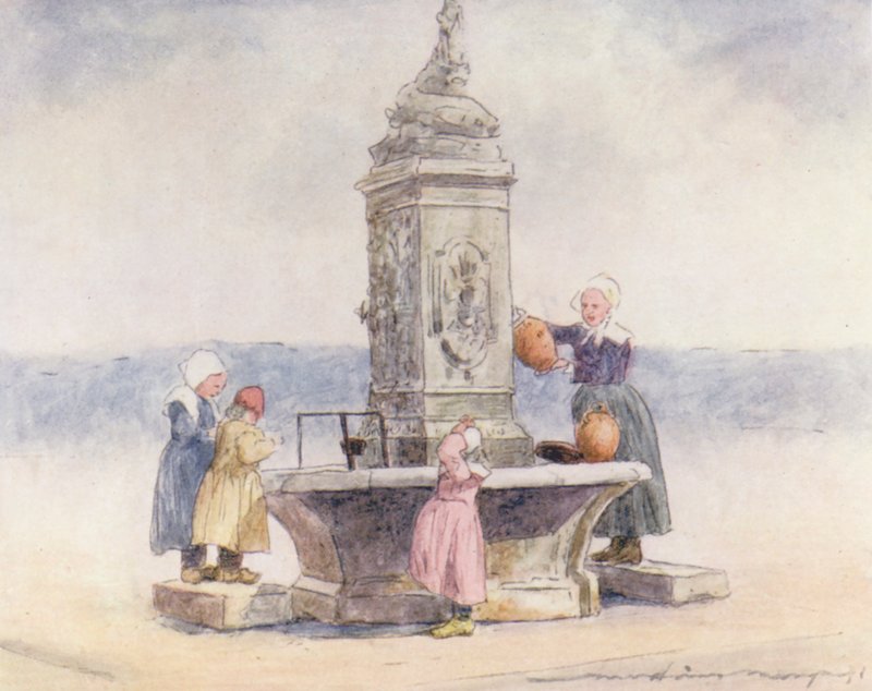 Przy fontannie, Concarneau (kolorowa litografia) autorstwa Mortimer Ludington Menpes