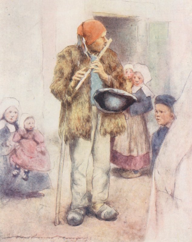 The Blind Piper (kolorowa litografia) autorstwa Mortimer Ludington Menpes