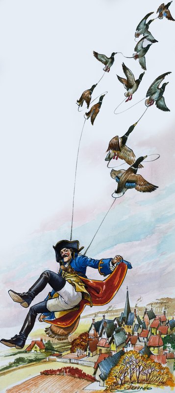 Baron Munchausen porwany przez kaczki (gwasz na papierze) autorstwa Nadir Quinto
