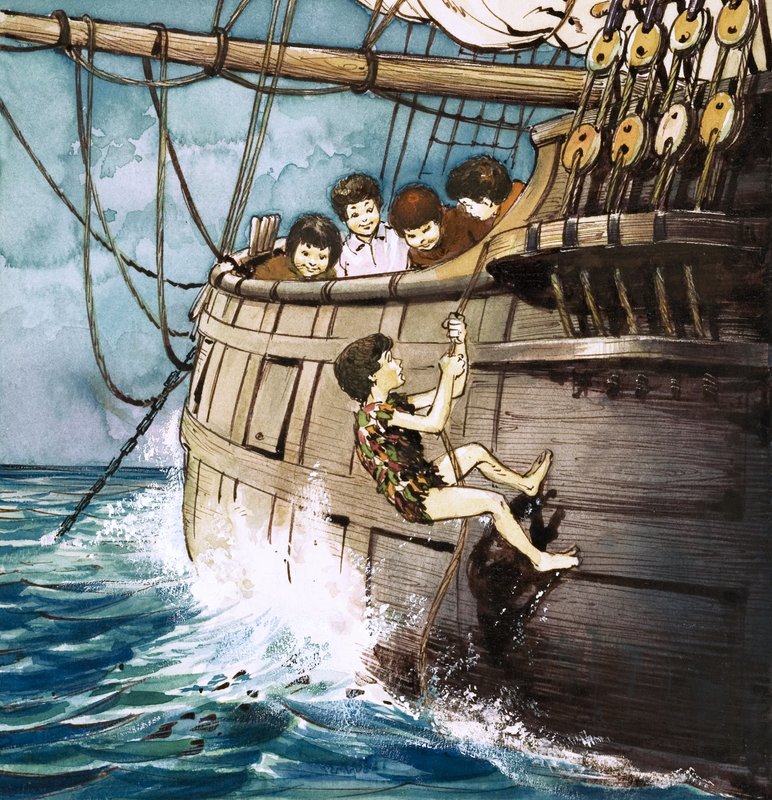 Piotruś Pan wspinający się na pokład, ilustracja z "Piotrusia Pana" J.M. Barrie (gwasz na papierze) autorstwa Nadir Quinto