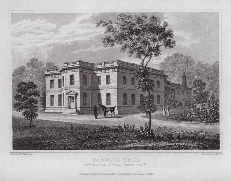 Farnley Hall, siedziba Waltera Fawksa (rycina) autorstwa Nathaniel (after) Whittock