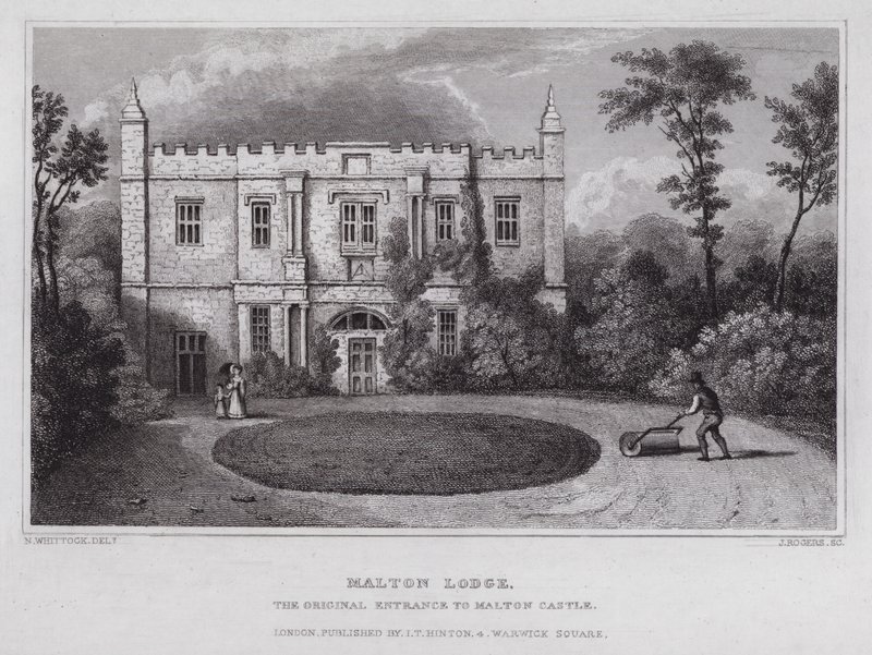 Malton Lodge, oryginalne wejście do zamku Malton (grawerowanie) autorstwa Nathaniel (after) Whittock