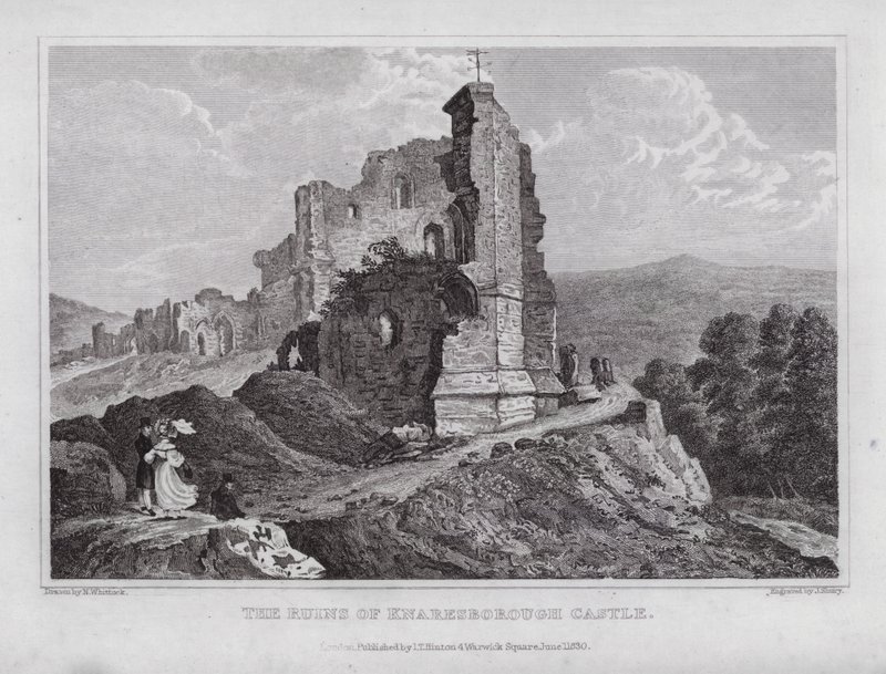 Ruiny zamku Knaresborough (rycina) autorstwa Nathaniel (after) Whittock