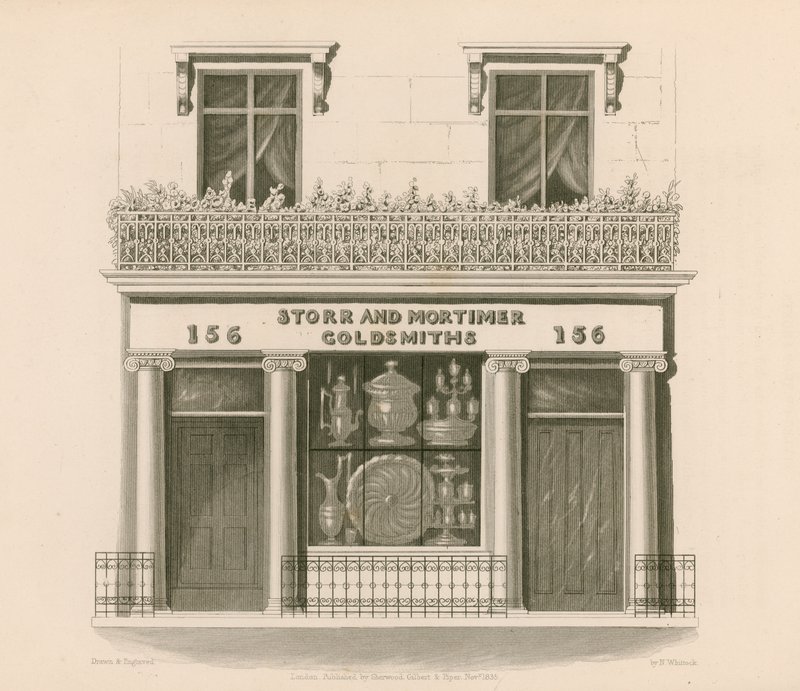 Front sklepu w stylu jońskim panów Storr and Mortimer, złotników i jubilerów, nr 156, Bond Street, Londyn autorstwa Nathaniel Whittock