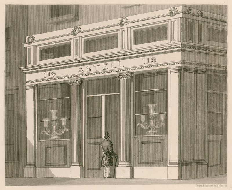 Witryna sklepu Astell, Wine and Spirit Warehouse, Grafton Street, Tottenham Court Road autorstwa Nathaniel Whittock