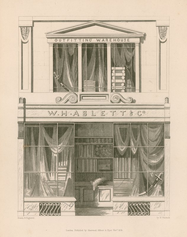 Sklep frontowy dla W H Ablett, magazyn wyposażenia, Cornhill, Londyn autorstwa Nathaniel Whittock