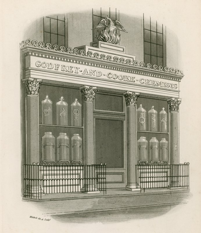 Sklep z przodu Godfrey i Cooke, apteki, Conduit Street, Londyn autorstwa Nathaniel Whittock