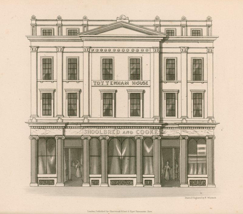 Sklep frontowy Shoolbred i Cooke, Drapers, Tottenham Court Road, Londyn autorstwa Nathaniel Whittock