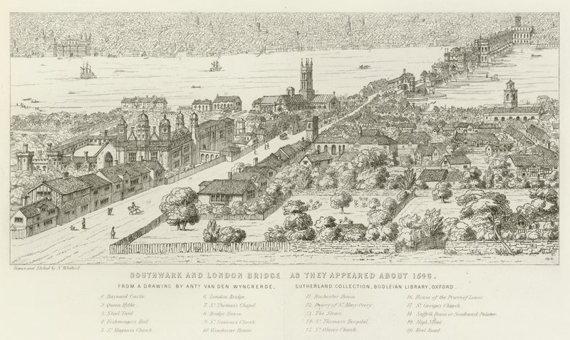 Southwark i London Bridge, bo pojawiły się około 1546 autorstwa Nathaniel Whittock