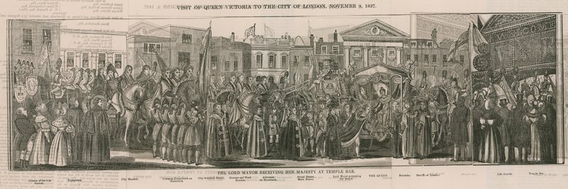 Lord Burmistrz przyjmujący Jej Wysokość w Temple Bar autorstwa Nathaniel Whittock