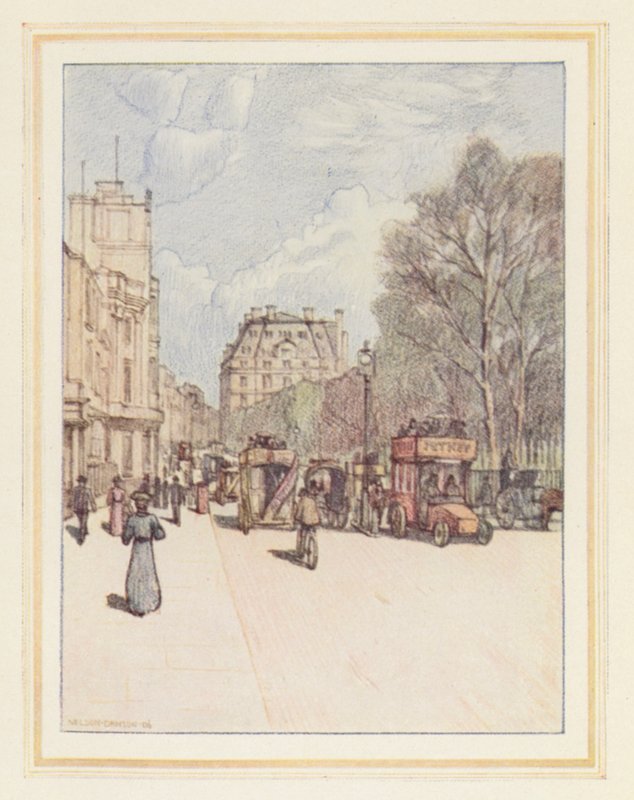 Piccadilly patrząc na wschód (kolorowa litografia) autorstwa Nelson Dawson