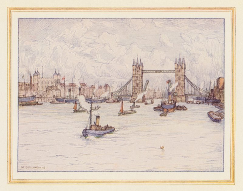 Wieża i most Tower Bridge (kolorowa litografia) autorstwa Nelson Dawson