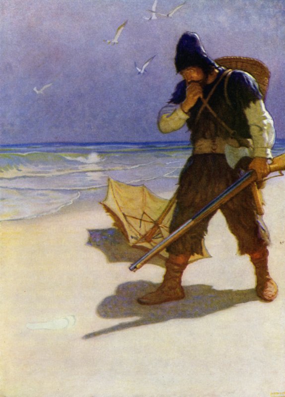 Ilustracja do Robinsona Crusoe (kolor lito) autorstwa Newell Convers (after) Wyeth