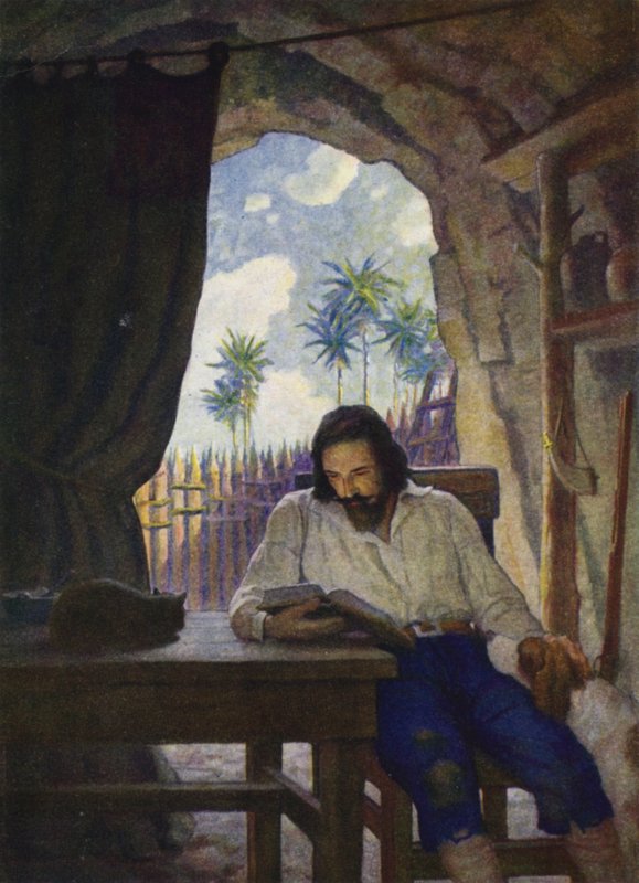 Ilustracja do Robinsona Crusoe (kolor lito) autorstwa Newell Convers (after) Wyeth