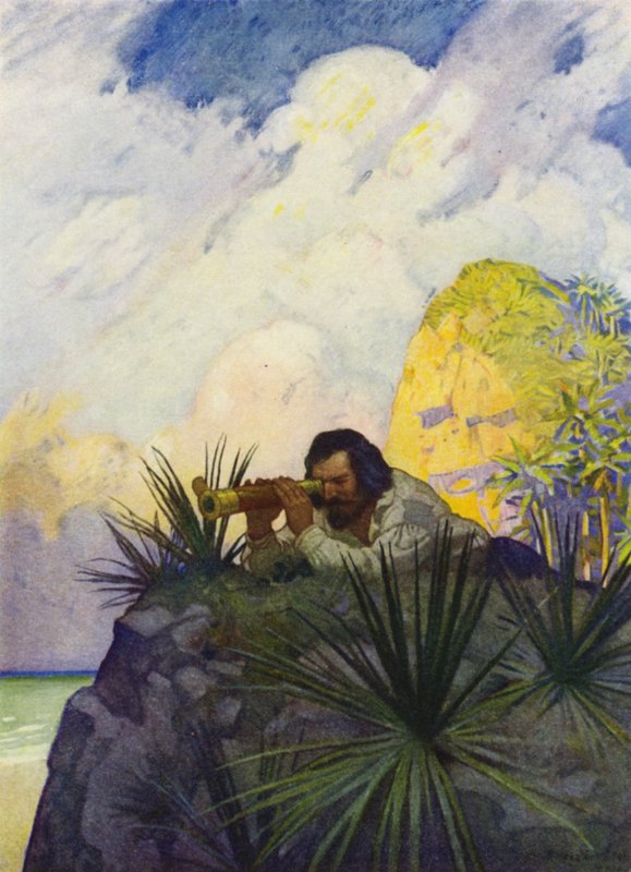 Ilustracja do Robinsona Crusoe (kolor lito) autorstwa Newell Convers (after) Wyeth