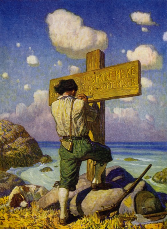 Ilustracja do Robinsona Crusoe (kolor lito) autorstwa Newell Convers (after) Wyeth