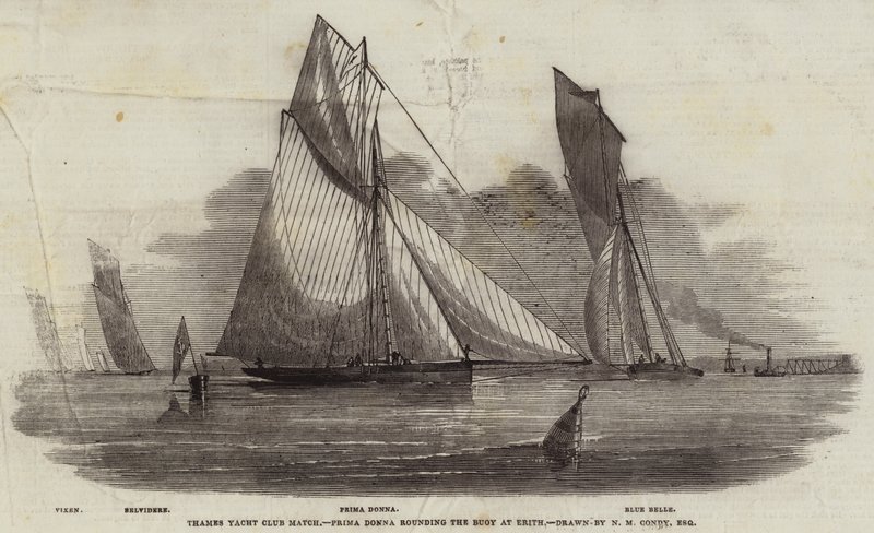Thames Yacht Club Match, Prima Donna okrąża boję w Erith autorstwa Nicholas Matthews Condy