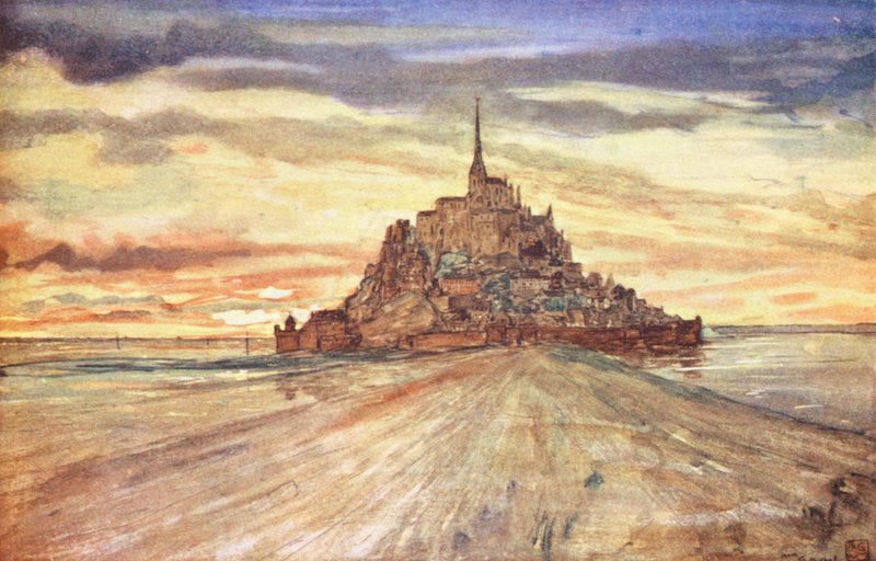 Mont St Michel, zachód słońca (kolorowa litografia) autorstwa Nico Jungmann