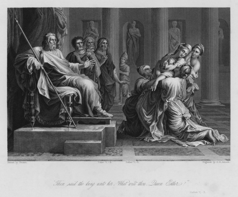 Estera przed Aswerusem, Estera V, 3 (rycina) autorstwa Nicolas (after) Poussin