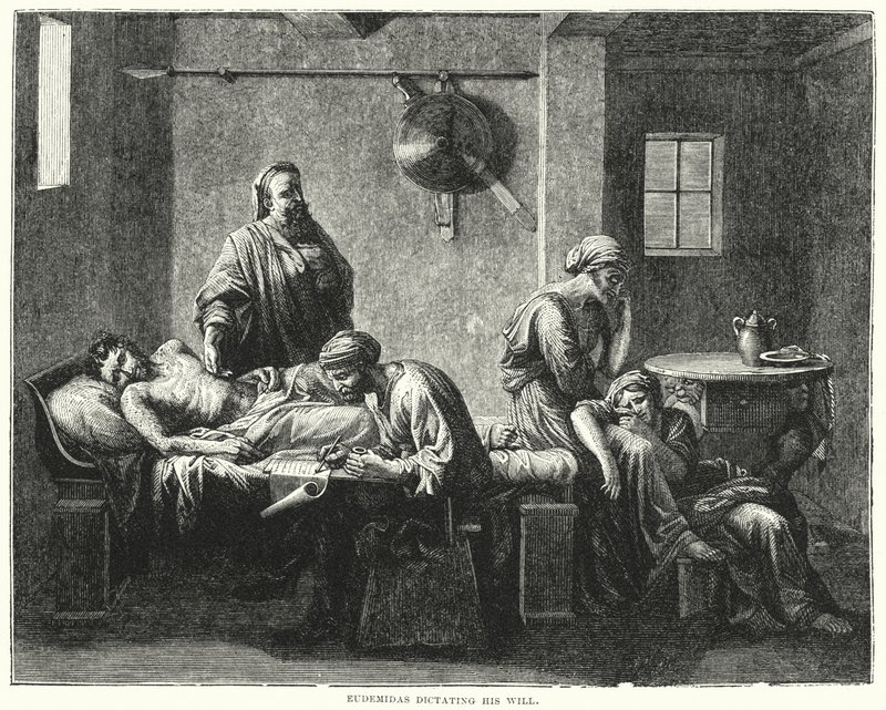 Eudemidas dyktuje swoją wolę (grawerunek) autorstwa Nicolas (after) Poussin