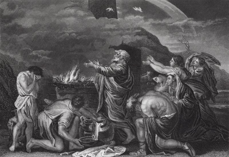 Ofiara Noego, Księga Rodzaju, rozdz. 8, w. 20 (rycina) autorstwa Nicolas (after) Poussin
