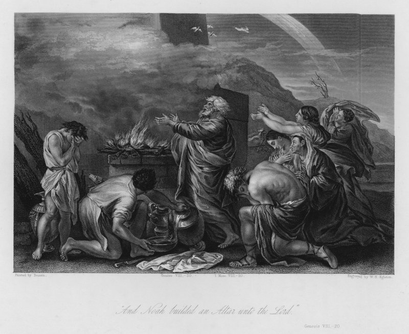 Ofiara Noego, Księga Rodzaju VIII, 20 (rycina) autorstwa Nicolas (after) Poussin