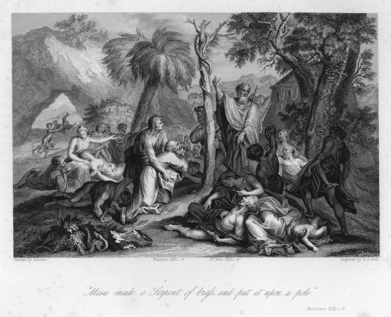 Podnoszenie miedzianego węża, Liczby XXI, 9 (rycina) autorstwa Nicolas (after) Poussin
