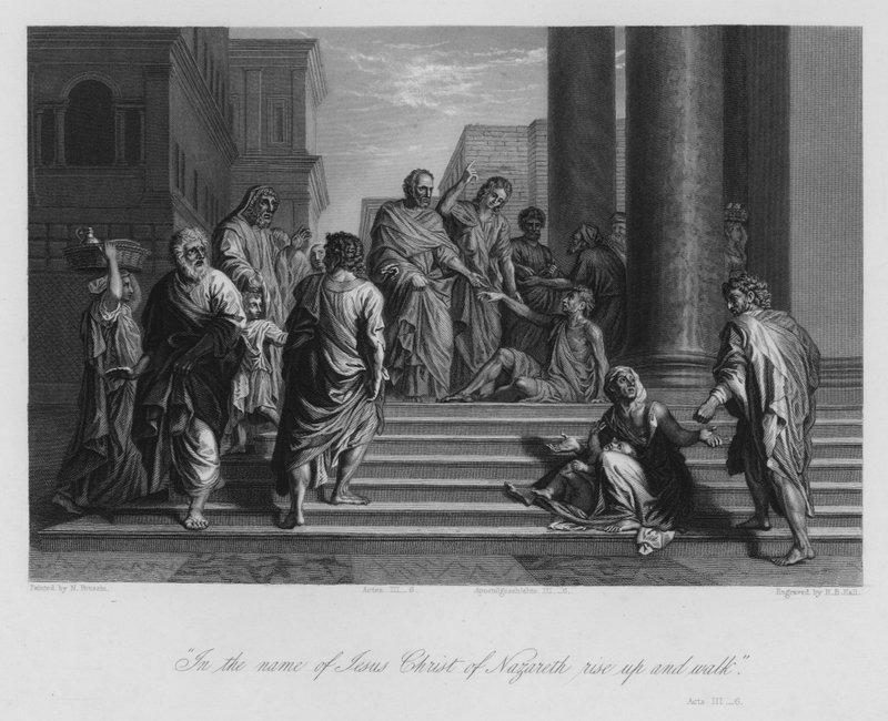 Kulawy uzdrowiony przez Piotra i Jana, Dz III, 6 (rycina) autorstwa Nicolas (after) Poussin