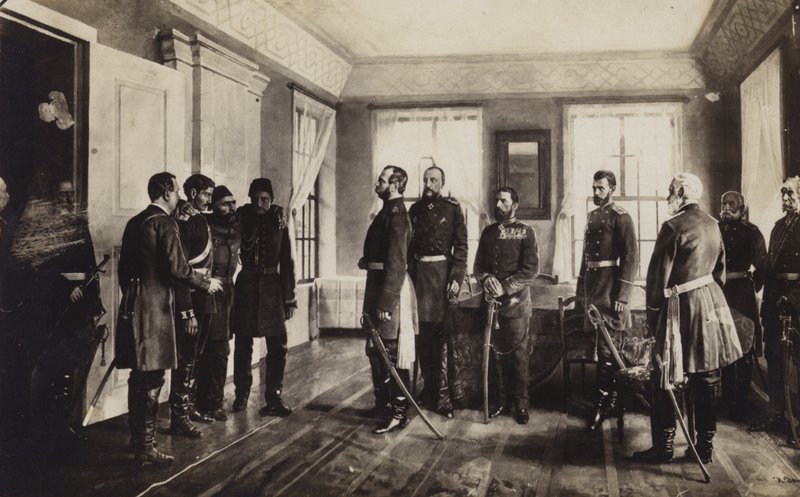 Schwytany generał Osman Pasza przedstawiony carowi Rosji Aleksandrowi II po kapitulacji podczas oblężenia Plewen, wojny rosyjsko-tureckiej w latach 1877-1878 autorstwa Nikolai Dmitrievich Dmitriev Orenburgsky