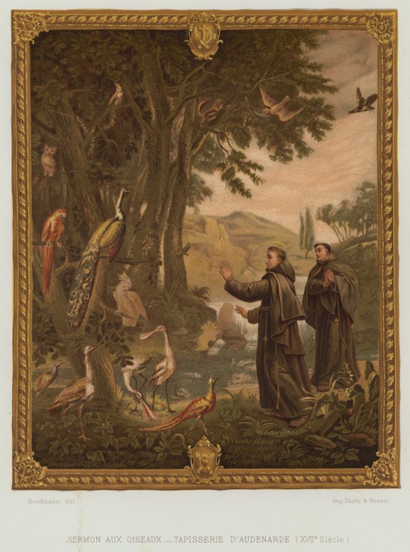 Kazanie św. Franciszka z Asyżu do ptaków (kolor lito) autorstwa Nordmann (after)