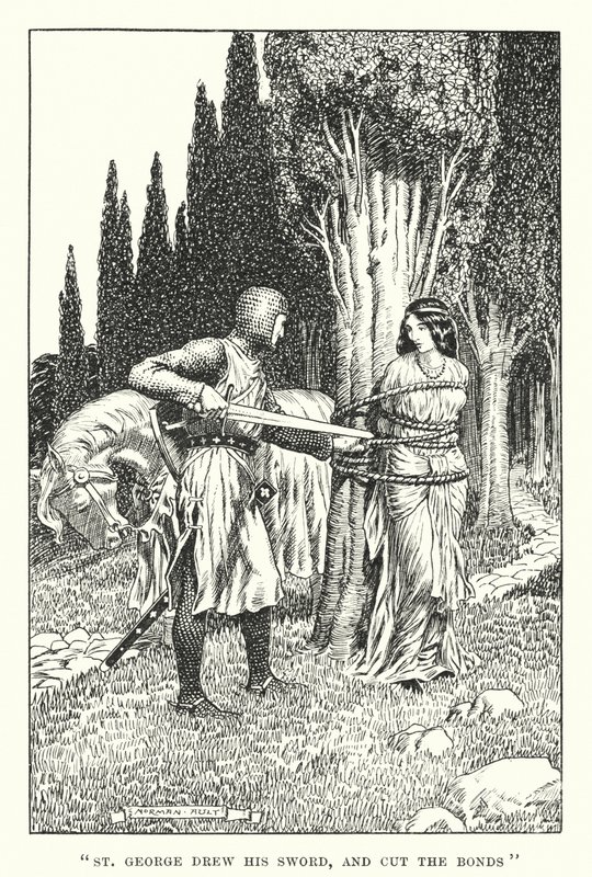 "Święty Jerzy wyciągnął miecz i przeciął więzy" (litografia) autorstwa Norman Ault