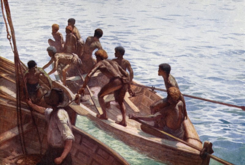 Copra Boys off to the Shore, New Hebrides (kolor lito) autorstwa Norman Hardy