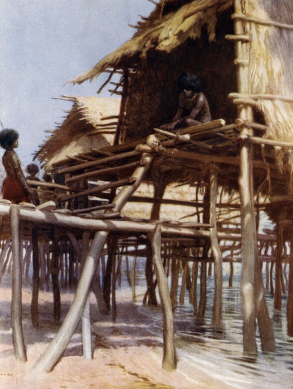 In the Pile Dwellings w Hanuabadzie, Port Moresby, Nowa Gwinea Brytyjska (kolor lito) autorstwa Norman Hardy