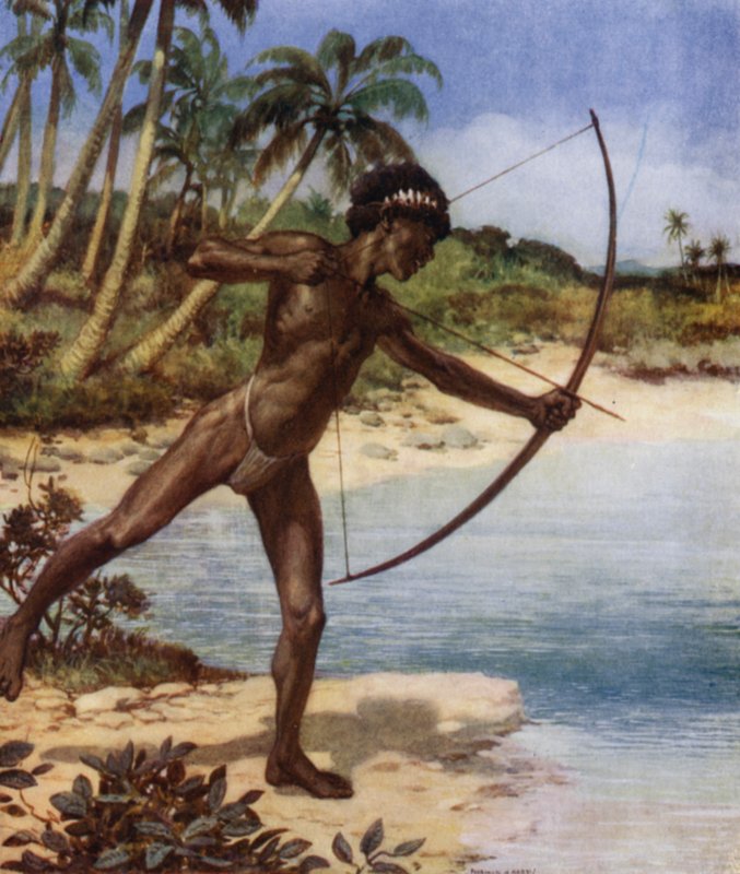 Native Archer strzelający do ryb, Brytyjskie Wyspy Salomona (kolor lito) autorstwa Norman Hardy