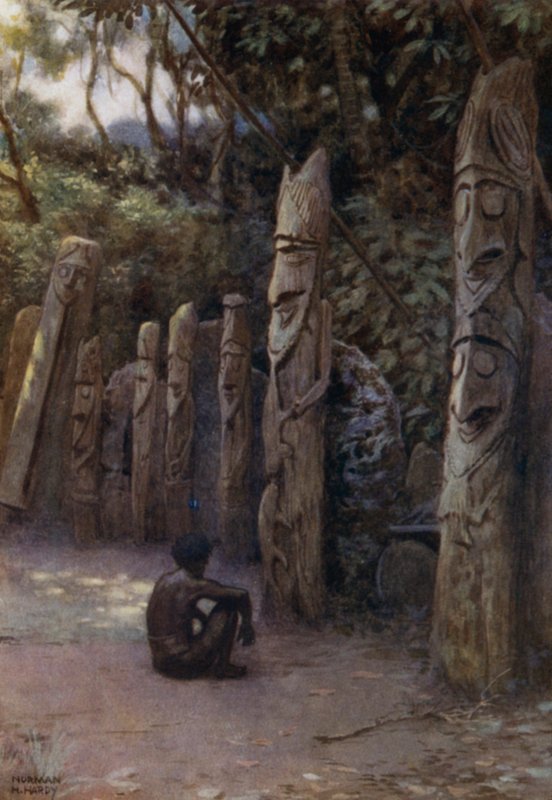 Kamień „Demits”, czyli Dusze, z towarzyszącymi im drewnianymi figurami, Wyspa Malekula, Nowe Hebrydy (kolor lito) autorstwa Norman Hardy