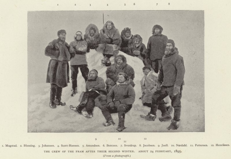 Załoga Framu po drugiej zimie, około 24 lutego 1895 (zdjęcie czarno-białe) autorstwa Norwegian Photographer