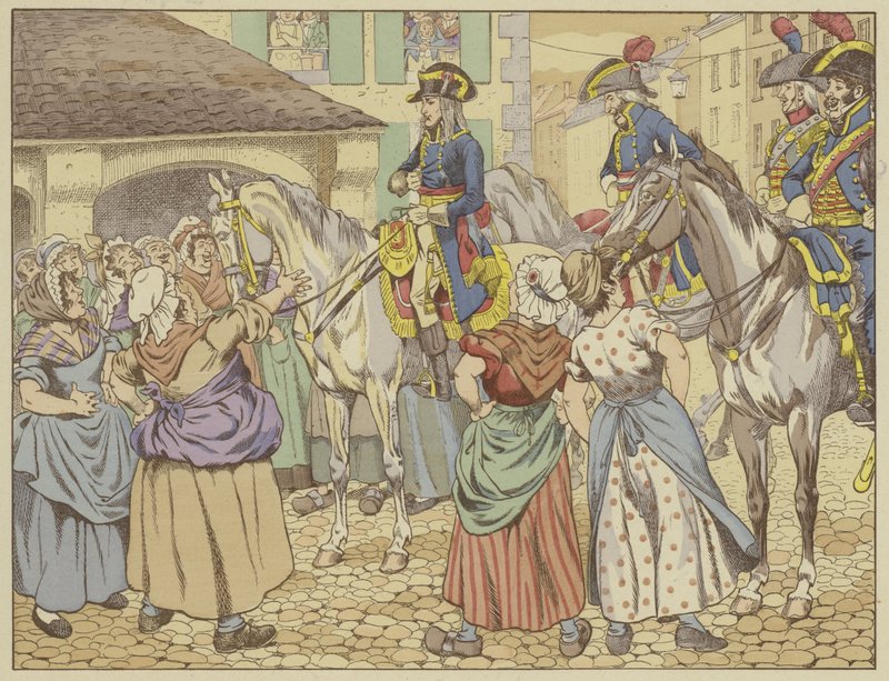 W Paryżu w 1795 r. podczas głodu, rybaczka zarzuciła Napoleonowi, że przytył kosztem ludzi. Uśmiechając się, odpowiedział Spójrz na mnie i powiedz, który z nas jest najgrubszy? (kolor świeci autorstwa Onfray de Breville Job
