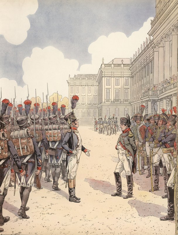 Do Napoleona podchodzi nerwowy porucznik podczas parady w Schoenbrunn autorstwa Onfray de Breville Job