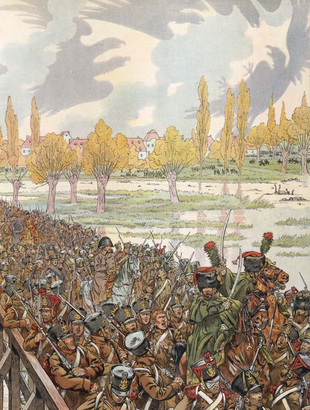 Napoleon przechodzący przez most w Elster ze swoją armią ze złowrogim niebem autorstwa Onfray de Breville Job