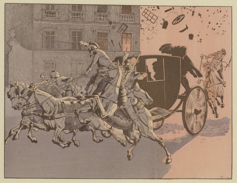 Napoleon cudownie ucieka przed wybuchem bomby, infernale maszyny, na Rue Saint-Nicaise, Paryż, 24 grudnia 1800 autorstwa Onfray de Breville Job