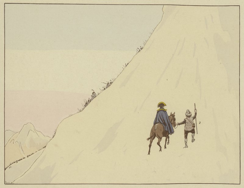 Napoleon minął Mont St Bernard na mule, prowadzony przez młodego mężczyznę, którego hojnie wynagrodził, 16 maja 1800 autorstwa Onfray de Breville Job