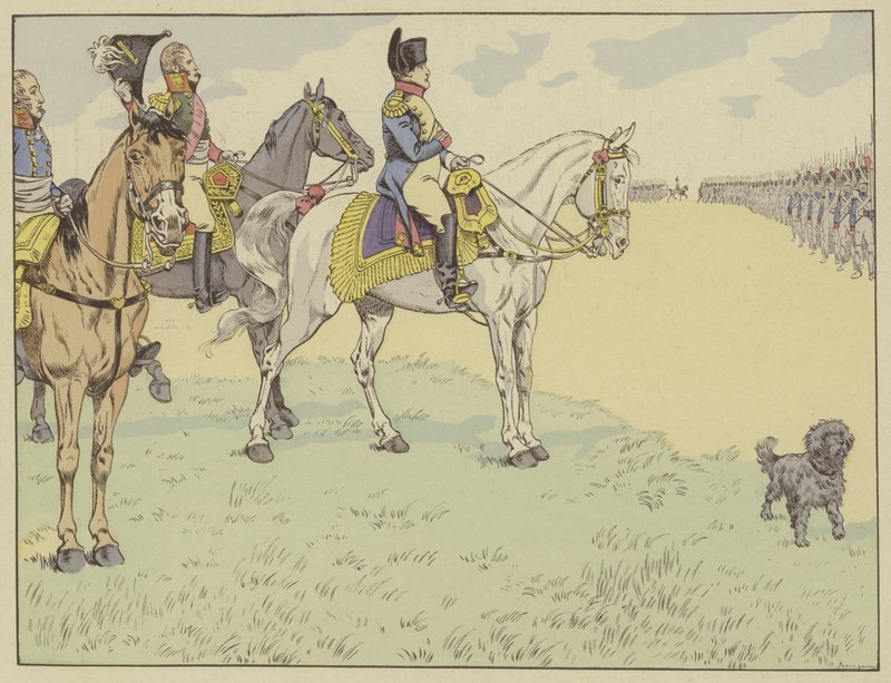 Napoleon dokonujący przeglądu armii francuskiej po podpisaniu traktatów tylżyckich, 7 lipca 1807 r. autorstwa Onfray de Breville Job